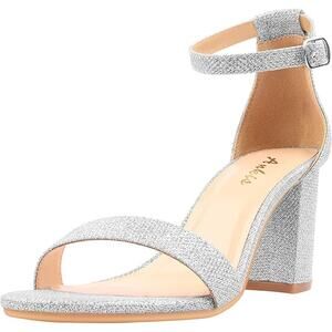 Ankis Womens 6 Silver Sparkle 2.75" Chunky Heel Open Round Toe Ankle Strap Shoes